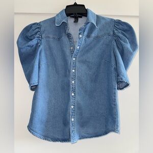 Forever 21 Blue Denim Puff Sleeve Top